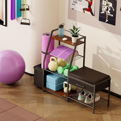 Home Gym Storage Rack with Bench, Workout Equipment Storage Organizer, Gym Organizer Rack for Home Dumbbells Kettle bells Yoga Mat Blocks Rollers All in One Gym Accessories Storage Rack