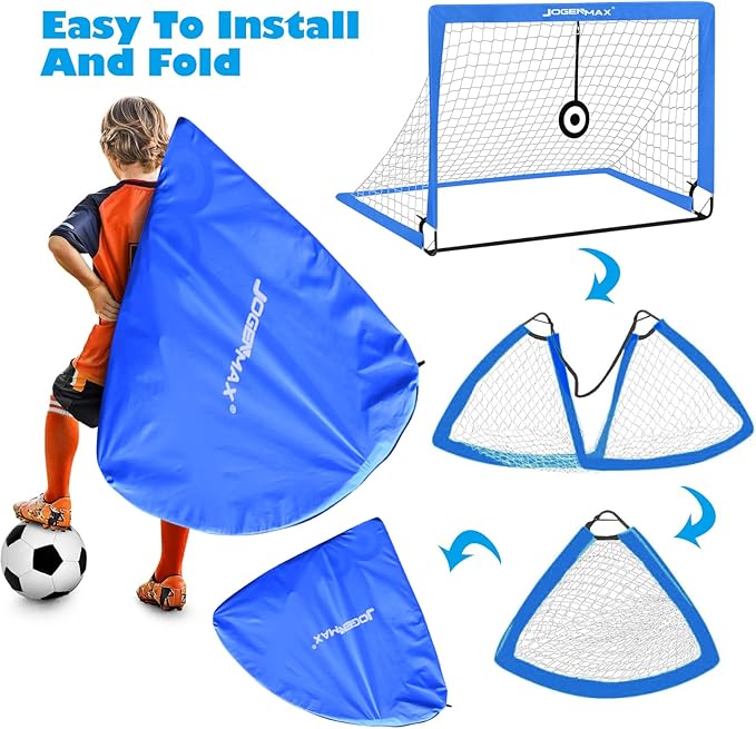 Portable Kids Soccer Goal, Pop Up Goal Nets with Led Lights,Set of 2, with Agility Training Cones, Carry Case Gift for Kids Teen Boy & Adults Size 4‘X3’(Blue)