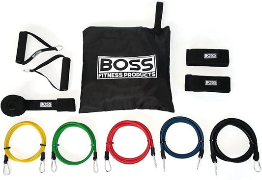 11-Piece Adjustable Resistance Band Set - 5 Bands - Heavy Duty Door Anchor - Premium Ankle Straps, Soft Grip Handles - Carrying Bag - Additional Accessories