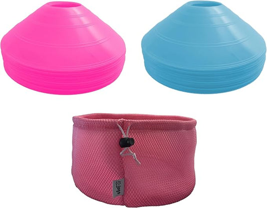 Agility Training Cones 50-Pack, Pink Round Mesh Carry Bag, Sports Practice, Workout Equipment