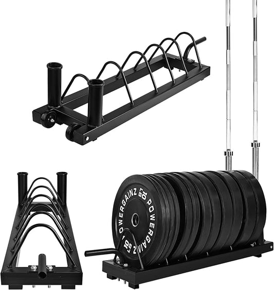 Signature Fitness Horizontal Plate and Olympic Bar Rack Organizer with Steel Frame and Transport Wheels