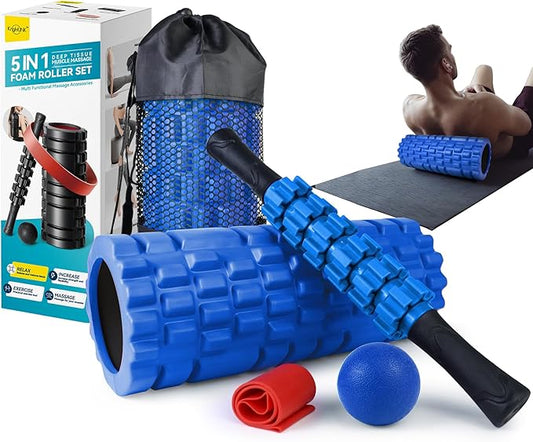 5 in 1 Foam Roller Set for Deep Tissue Muscle Massage, High Density Trigger Point Fitness Patented Exercise Foam Roller, Massage Roller, Massage Ball, Resistance Band, for Whole Body