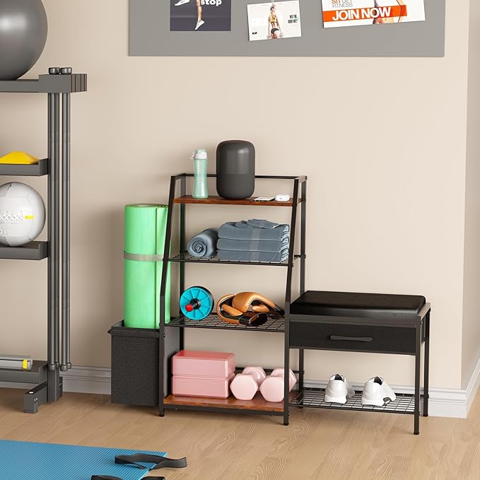 Home Gym Storage Rack with Bench, Workout Equipment Storage Organizer, Gym Organizer Rack for Home Dumbbells Kettle bells Yoga Mat Blocks Rollers All in One Gym Accessories Storage Rack