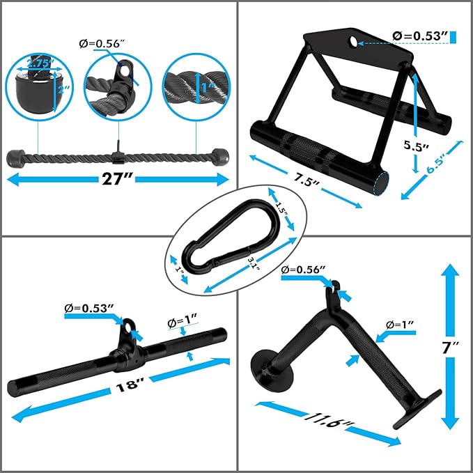 A2ZCARE Cable Machine Accessories for Weight Lifting, LAT Pull Down Attachment V Handle, V-Shaped Bar, Tricep Rope, Rotating Straight Bar