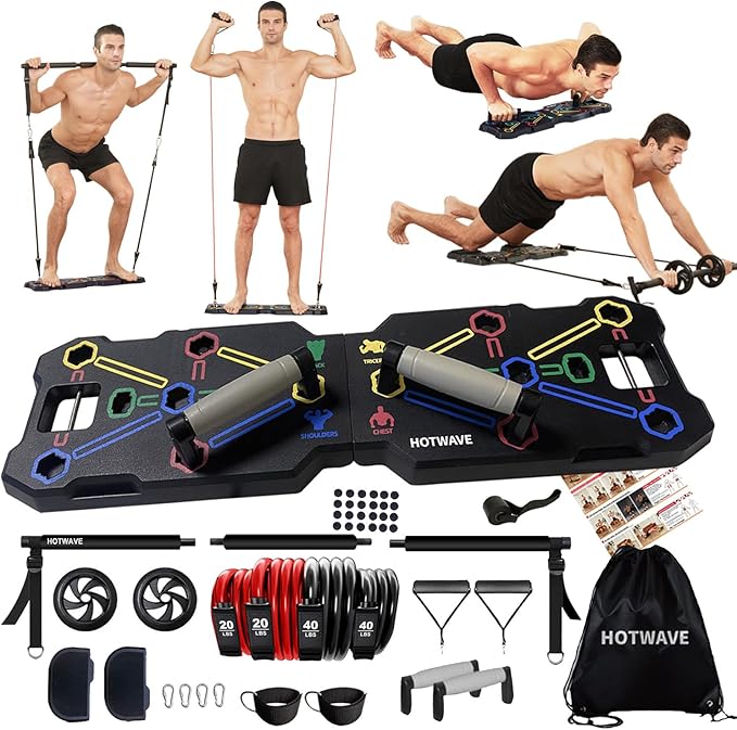 HOTWAVE Portable Workout Equipment with 20 Gym Accessories.Push Up Board &Plank,Resistance Band with Ab Roller Wheel,Exercise at Home For Men and Women