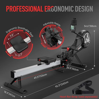 JOROTO Rowing Machine - Air & Magnetic Resistance Rowing Machines for Home Use, Commercial Grade Foldable Rower Machine with Bluetooth & Smart Backlit Monitor - 350LBS Load