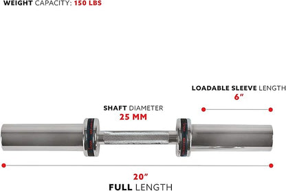 Sunny Health & Fitness Olympic Single Barbell Bar, 20" Heavy Duty Dumbell Handle with Locking Ring Collars, Loadable Sleeve, Brass Brushing, Fit 2 Inch Standard Weight Plate, Chrome, OB-20