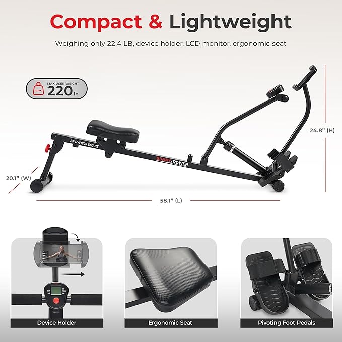 Sunny Health & Fitness Compact Adjustable Rowing Machine with 12 Levels of Complete Body Workout Resistance and Optional SunnyFit App Enhanced Connectivity