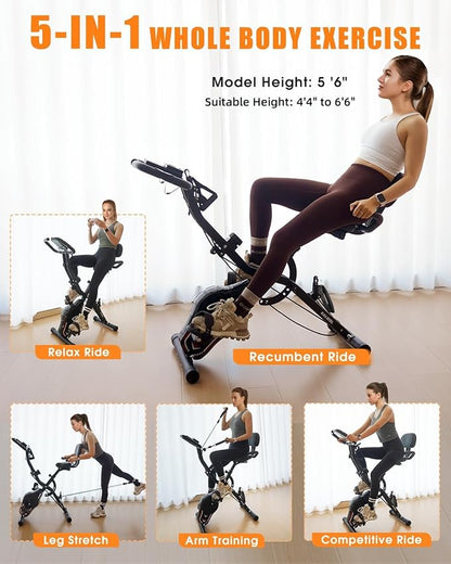 Folding Exercise Bike, 5-in-1 Foldable Stationary Bike Upgraded 16-Level Magnetic Resistance 10DB Near-Silent Bike Upright Indoor Cycling Bike with 350LB Capacity