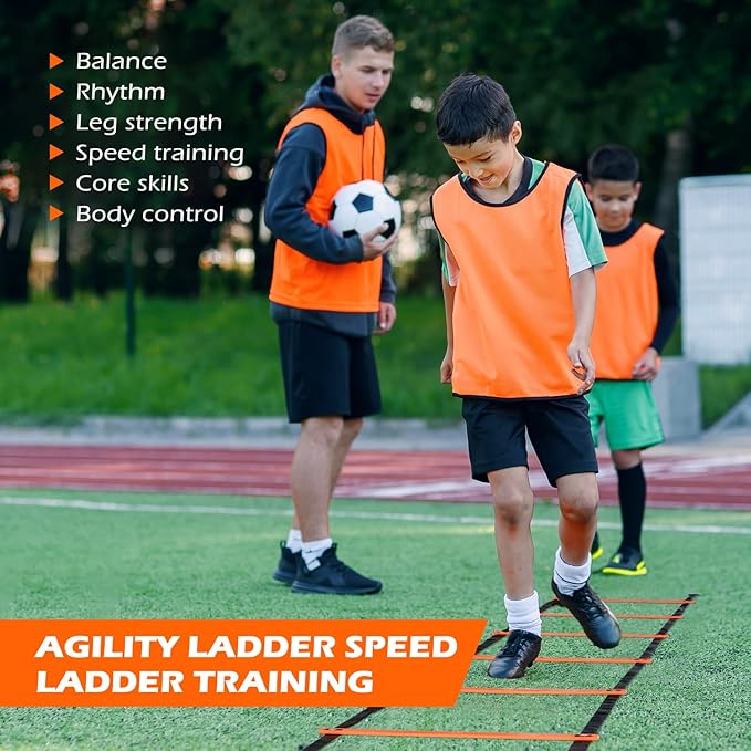 Soccer Training Equipment, Speed Agility Training Equipment for Kids Youth Adults, 20ft Agility Ladder, 4 Hurdles, Jump Rope, 12 Soccer Cones, Running Parachute, Basketball Football Training Equipment