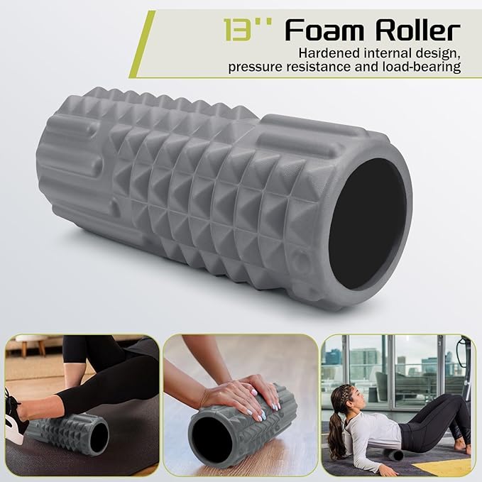 5-in-1 Foam Roller Set, Massage Roller Stick, Massage Ball, Resistance Band for Deep Muscle Massage, Trigger Point Release, Pilates, Yoga (Grey)