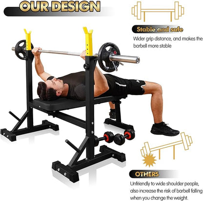 Bench Press, CANPA Olympic Weight Bench with Squat Rack Workout Bench Adjustable Barbell Rack Stand Strength Training Home Gym Multi-Function