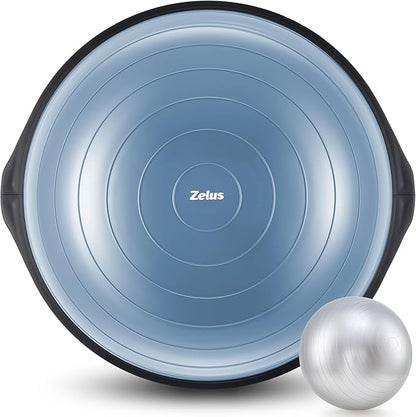 ZELUS 25in. Balance Ball | 1500lb Inflatable Half Exercise Ball Wobble Board Balance Trainer w Nonslip Base | Half Yoga Ball Strength Training Equipment w 2 Bands, Pump, Extra Ball Included