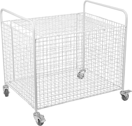 Metal Basketball Rolling Cart Sports Equipment Storage Wheel Basket White Athletic Portable Lockable Cage Raised Handle Gym Home Garage School Court Field Football Soccer Ball Volleyball Bat