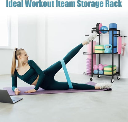 LIANTRAL Dumbbell Rack, Yoga Mat Storage Rack, Workout Equipment Storage Rack for Dumbbells Kettlebells Yoga Mat and Balls, Home Gym Storage Organizer with Hooks and Wheels