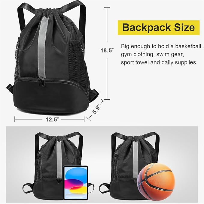 BeeGreen Drawstring Backpack Sports Gym Bag With Shoe Compartment and Two Water Bottle Holder …