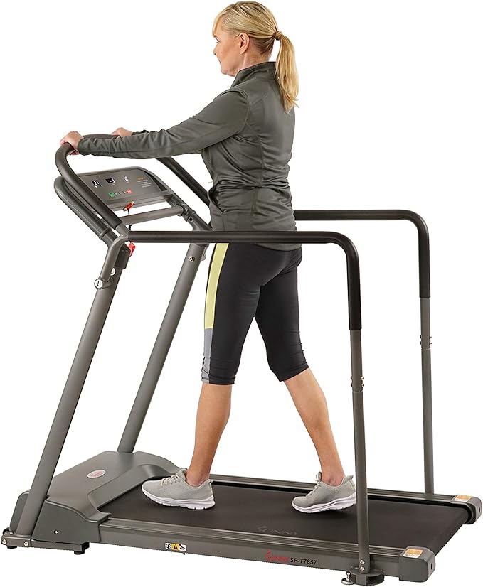 Sunny Health & Fitness Walking Treadmill with Low Wide Deck and Multi-Grip Handrails for Balance, 295 LB Max Weight - SF-T7857, Gray