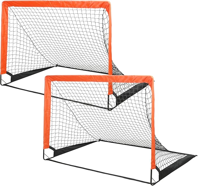 Simple Deluxe 4‘x3’ Portable Soccer Goal, Pop Up Folding Soccer Net Comes with 2 Oxford Cloth Bags and 8 Stakes, Great for Training for Backyard, 2 Set, Orange & Black