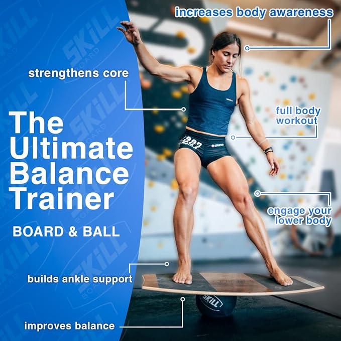 The Skill Board Beginner to Pro - Wooden Balance Board for Adults Bundle - Incl. Balance Trainer for All Sports, Gym, Standing Desk, or Yard Games, 2x Fitness Balls, Ball Pump and more