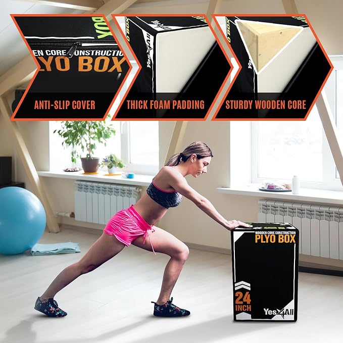 Yes4All 3-in-1 Soft-Padded Plyo Box With Wooden Core, Non-Slip Multi-Use Cushioned Plyometric Jump Box for Jumping, Conditioning, Strength Training