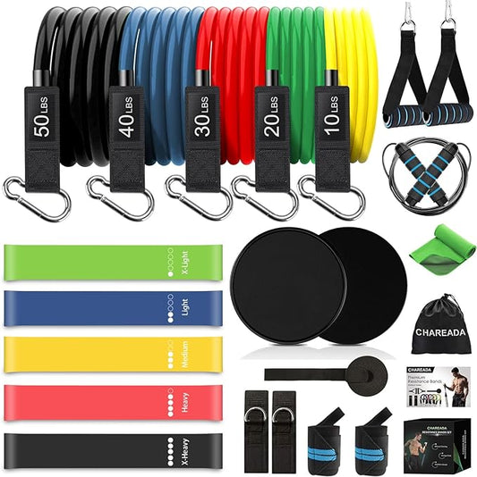 23 Pack Resistance Bands Set Workout Bands, 5 Stackable Exercise Bands 5 Loop Resistance Bands 2 Core Sliders, Door Anchor Handles Ankle Straps Carry Bag Instant Cooling Towel Wrist Wraps