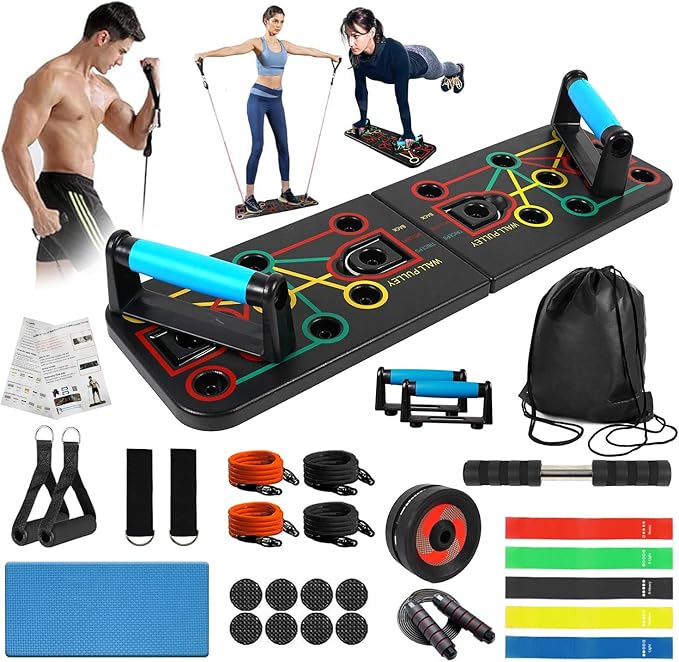 Wavar Portable Home Gym System: Large Compact Push Up Board, Pilates Bar & Fitness Accessories with Resistance Bands Ab Roller Wheel - Full Body Workout Set for Men and Women Gift