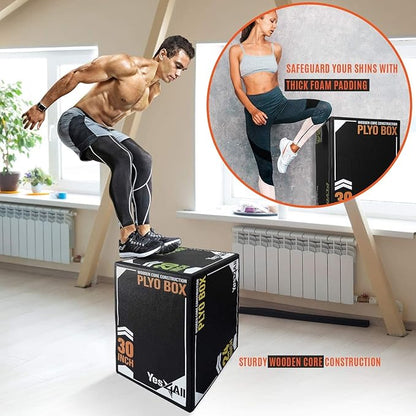 Yes4All 3-in-1 Soft-Padded Plyo Box With Wooden Core, Non-Slip Multi-Use Cushioned Plyometric Jump Box for Jumping, Conditioning, Strength Training