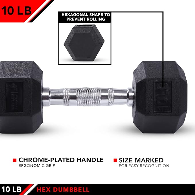 JFIT Rubber Hex Dumbbells - 8 Size Options - Hex Shaped Heads Prevent Rolling and Injury - Ergonomic Hand Weights for Exercise, Muscle, Strength and Weight Training