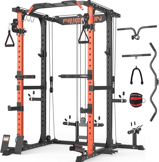 FEIERDUN Multi-Function Squat Rack Power Cage FLA01 with Cable Crossover System, 2000LBS Capacity Power Rack and Packages with Optional Weight Bench, Olympic Barbell Weight Set, for Garage & Home Gym