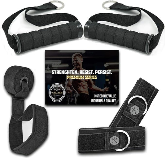 TRIBE Resistance Bands Accessories Equipment System for Home Gym, Exercise, Workout, Tube Bands & Cable Machines. Premium Ankle Straps, Door Anchor & Cushioned Handles. Heavy Duty Handle & Attachments