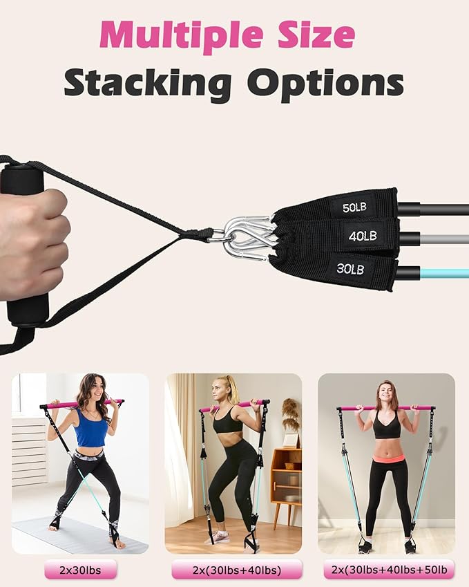 Zacro Pilates Bar Kit with Resistance Bands, 3-Section Pilates Bar with Adjustable Strap, Door Anchor, Handles and Foot Strap, Portable Home Gym Pilates Resistance Bar Kit for Full Body Workouts