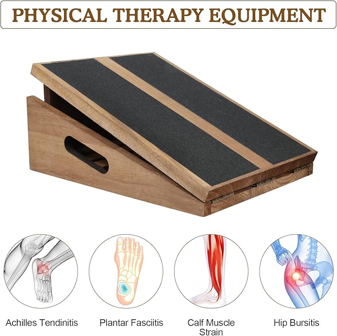 Professional Slant Board Calf Stretcher: Adjustable Incline Stretch Squat Wedge, Posture Board Wooden Physical Therapy Equipment, Non Slip Achilles Stretcher with Extra Side Handle - Brown