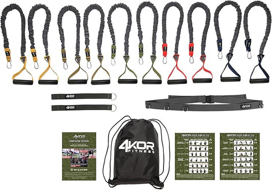 Resistance Cord Set by 4KOR Fitness, with Protective Nylon Sleeves, Handles, Anchors, and Carrying Bag. Perfect for Dynamic Warmups, CrossFit, and Rehab