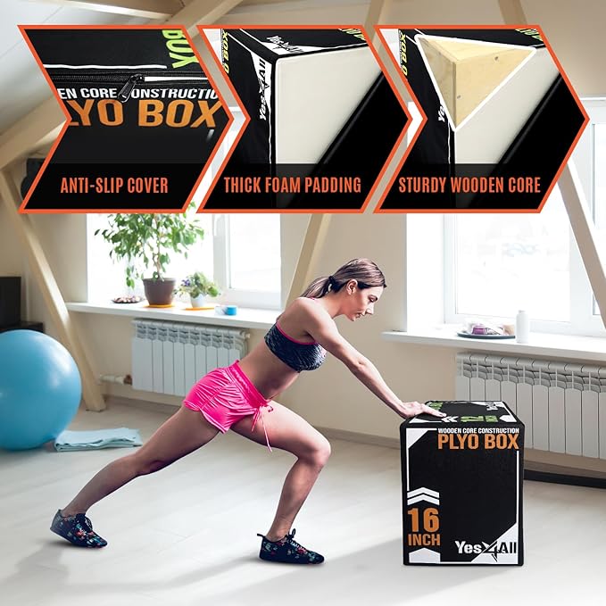 Yes4All 3-in-1 Soft-Padded Plyo Box With Wooden Core, Non-Slip Multi-Use Cushioned Plyometric Jump Box for Jumping, Conditioning, Strength Training