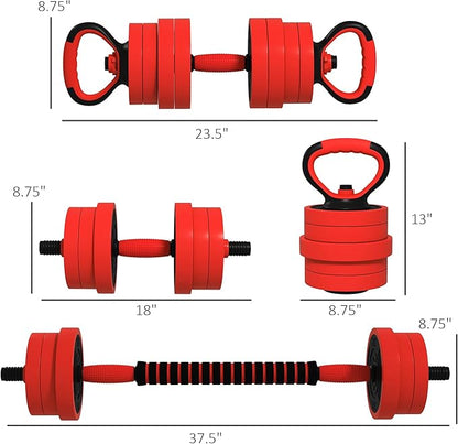 Soozier Adjustable Dumbbell Sets, 4 in1 Weights Dumbbells Set Used as Barbell, Kettlebells, Push up Stand, Free Weight Set for Men and Women Home Gym Training, Red 44/55/66lbs