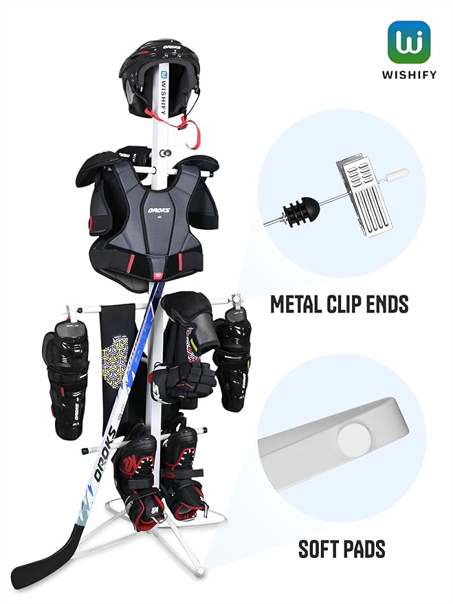 Hockey Gear Dryer Rack - Metal Sports Gear Storage Dry Rack for Drying and Storing Adult and Child Sports Equipment - 4 Additional Hanging Clips and Wrist Band Included