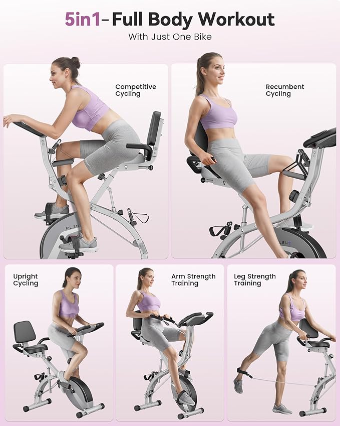 Folding Exercise Bike, Indoor Stationary Bike 16-Level Magnetic Resistance with Arm Resistance Band, Back Support Cushion Workout Bike for Home Workout Gym