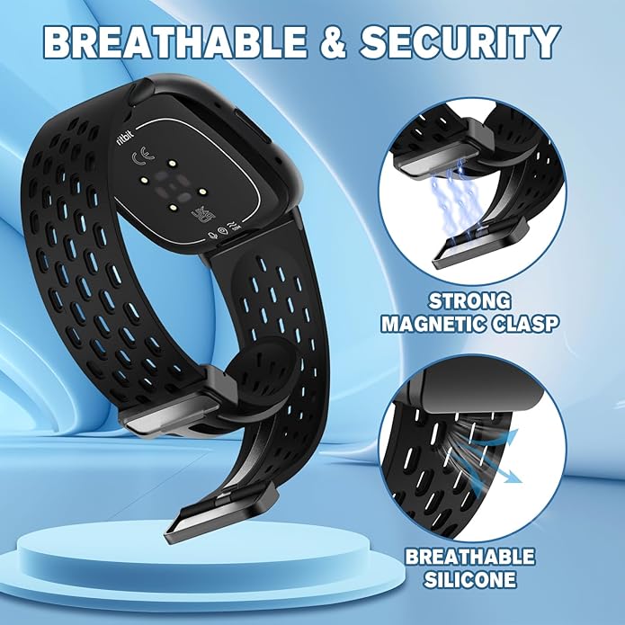 Magnetic Anti Sweat Sport Band Compatible for Fitbit Sense 2/Fitbit Versa 4/Fitbit Sense/Fitbit Versa 3, Waterproof Breathable Soft Silicone Bands for Men Women