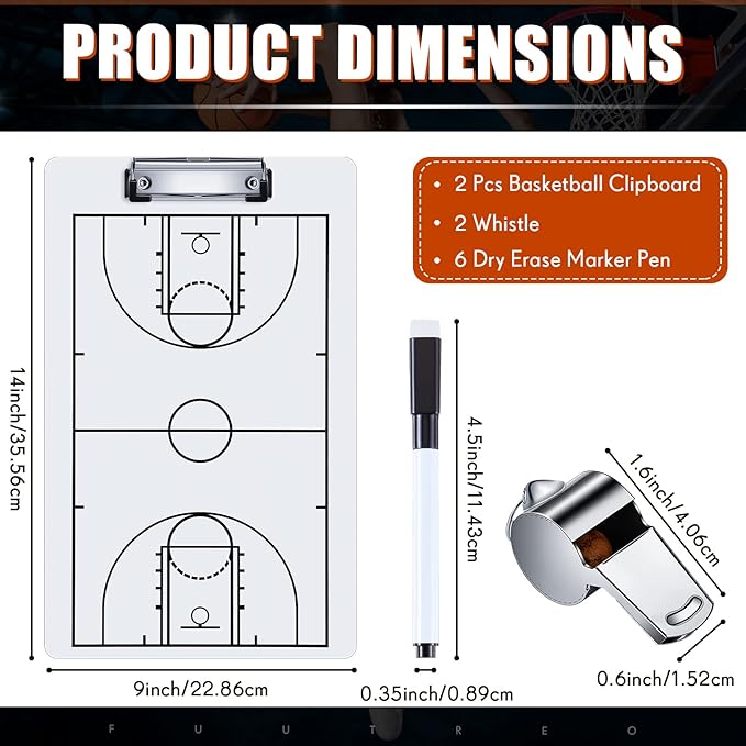 Fuutreo 2 Pcs Basketball Board for Coaches Dry Erase Double Sided Basketball Whiteboard Coaching Board Equipment Includes 6 Dry Erase Marker Pens and 2 Whistles for Basketball Gifts Accessories