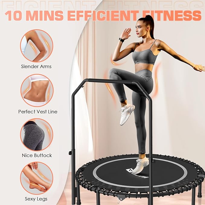 BCAN 450/550 LBS Foldable Mini Trampoline, 40"/48"/50" Fitness Trampoline with Bungees, U/T Shape Adjustable Foam Handle, Stable & Quiet Exercise Rebounder for Kids Adults Indoor/Garden Workout