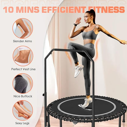 BCAN 450/550 LBS Foldable Mini Trampoline, 40"/48" Fitness Trampoline with Bungees, U Shape Adjustable Foam Handle, Stable & Quiet Exercise Rebounder for Adults Indoor/Outdoor Workout