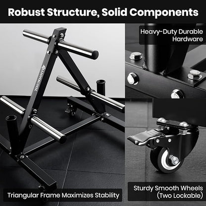 LIONSCOOL 2-Inch Olympic Weight Plate Tree and 2 Barbell Holders, Bumper Plate Storage Rack with Optional Wheels, 650LBS/1000LBS Weight Capacity Available