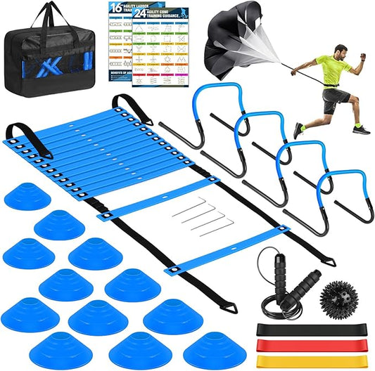 Agility Speed Training Equipment Set - 20ft Speed Ladder 12 Cones, 4 Adjustable 3 Resistance