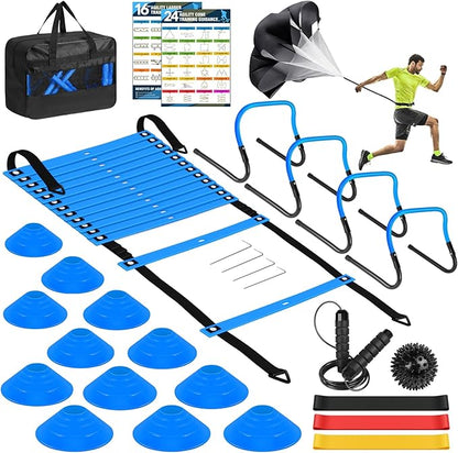 Agility Speed Training Equipment Set - 20ft Speed Ladder 12 Cones, 4 Adjustable 3 Resistance