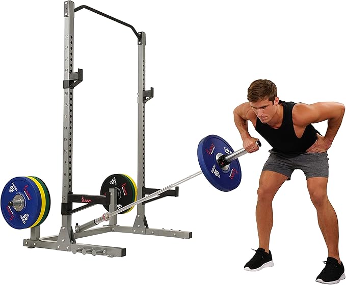 Sunny Health & Fitness Power and Squat Rack with High Weight Capacity Optional Olympic Weight Plate Storage, 360° Swivel Landmine, Power Band Attachment