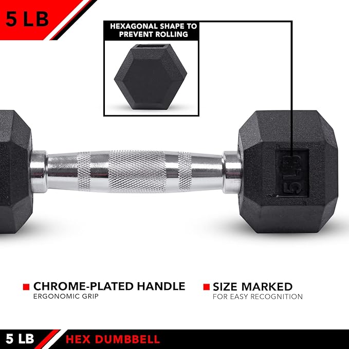 JFIT Rubber Hex Dumbbells - 8 Size Options - Hex Shaped Heads Prevent Rolling and Injury - Ergonomic Hand Weights for Exercise, Muscle, Strength and Weight Training