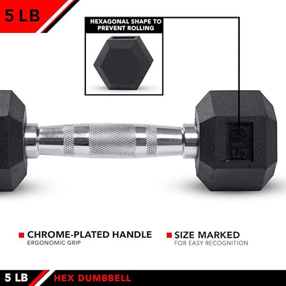 JFIT Rubber Hex Dumbbell - 15 Size, Single and Pair Options, 4-50lbs - Shaped Heads Prevent Rolling and Injury - Ergonomic Hand Weights for Exercise, Therapy, Muscle, Strength and Weight Training