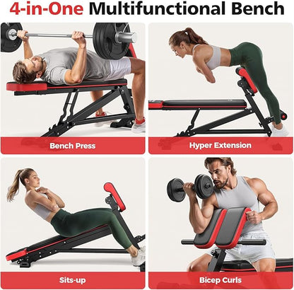 FLYBIRD 4 in 1 Workout Bench, Roman Chair, Weight Bench and Sit Up Bench for Hyper Back Extension and Full Body Workout with Handle, Abdomen core and Comprehensive Glute Training, Easy Moving wilth Wheels Home Gym Equipment