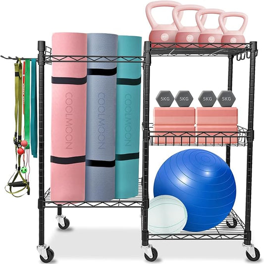 COOLMOON Home Gym Storage Rack, Yoga Mat Storage Rack, Gym Equipment Storage for Yoga Mats, Foam Roller, Dumbbells, Kettlebells and Resistance Bands, Workout Equipment Organizer with Wheels