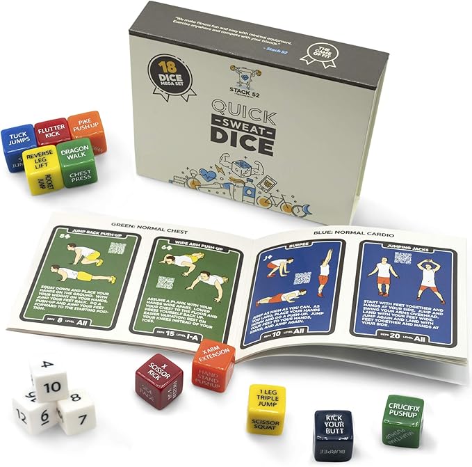 Quick Sweat Fitness Dice. Bodyweight Exercise Workout Game. Designed by a Military Fitness Expert. Video Instructions Included. No Equipment Needed. Burn Fat Build Muscle.